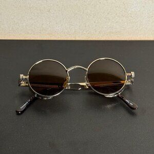Retro Steampunk Round Sunglasses (Gold-Color w/ Brown Tint Lenses)